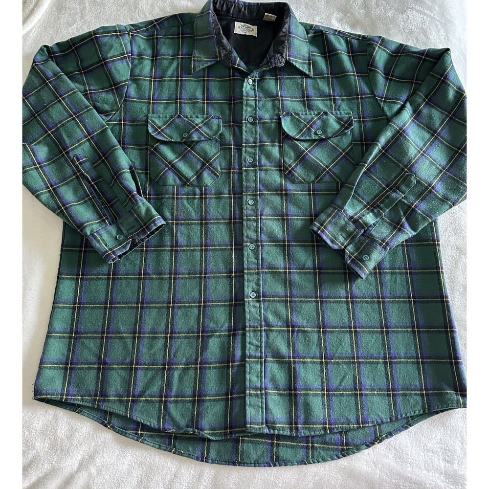 Vintage Sears Fieldmaster Plaid Shirt Jacket XXL Green Blue Heavy Flannel